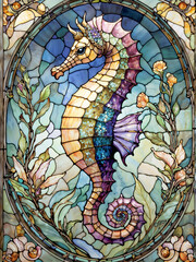 Colorful Stained Glass Seahorse: A dynamic mosaic masterpiece highlighting an intricate aquatic being adorned with brilliant floral motifs.