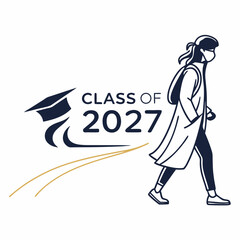 Class of 2027 graduate walking away with mask on white background