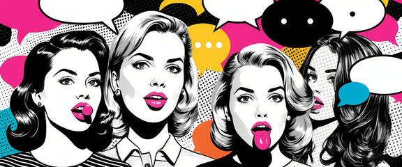 Trendy Pop Art Mouths and Colorful Speech Bubbles in Retro Comic Style Collage on Black