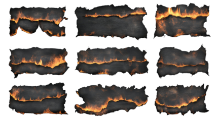 Set of bright orange fire flames with dynamic shapes isolated on white background