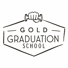 Gold graduation school logo design with dumbbell and hand graphic