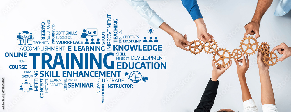 Aufkleber this image showcases collaboration in training and education through hands connecting gears, symboli