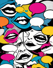 Trendy Pop Art Mouths and Colorful Speech Bubbles in Retro Comic Style Collage on Black