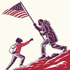 Man helping another climb mountain holding american flag