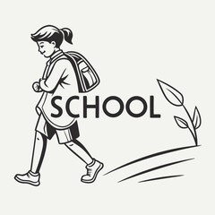 Girl walking to school with backpack happy student education