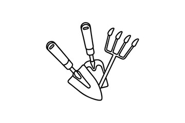 Gardening tools line art trowel hand rake spade