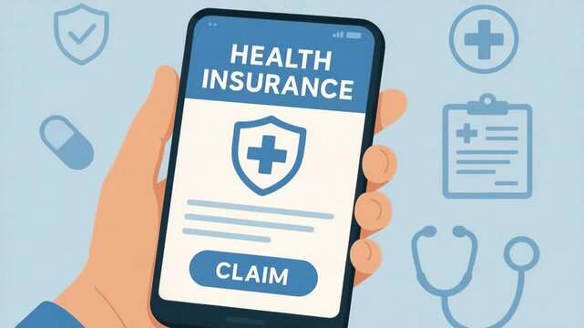 A smartphone displaying a health insurance application. The screen features a claim button and health icons, symbolizing digital health management and insurance accessibility.