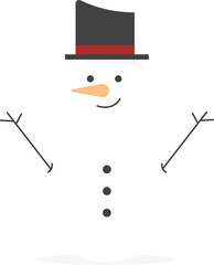 Flat cartoon snowman is standing with black top hat, carrot nose, twig arms, transparent background