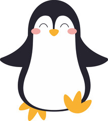 Cartoon penguin is standing upright in flat vector style with rosy cheeks, transparent background