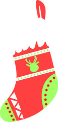 Christmas stocking is being shown in flat design with red body, green accents, transparent
