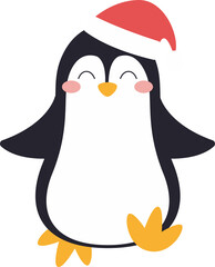 Cartoon penguin is posing on transparent background wearing red Santa hat while lifting orange foot