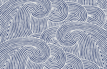 Hand drawn brush swirling and flowing lines overlapping waves pattern, Japanese style block print, fingerprint motif texture background on blue, simple dense and dynamic rolling ocean ripples