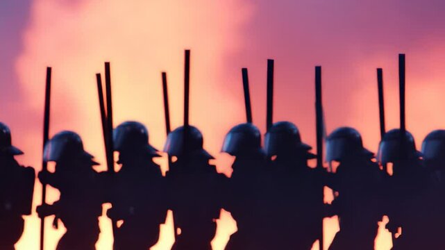 Silhouetted figures in helmets hold long poles against a fiery, blurred background
