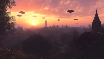 Unexplained aerial objects over a historical town at sunset.