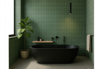 Black bathtub with a plant next to it, isolated on transparent background.