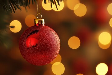 Bright red Christmas ornament hanging on a tree with a blurred background of soft golden lights during the festive holiday season