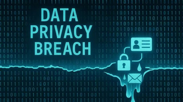 A digital graphic illustrating a data privacy breach, showcasing elements like a locked padlock and personal information icons against a backdrop of binary code.