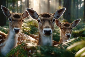 Fototapeta premium Three deer observe their surroundings in a sunlit forest undergrowth