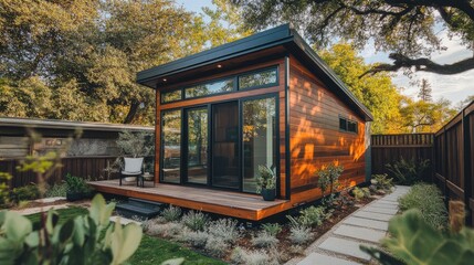 Modern wooden tiny house with large windows and inviting porch in serene garden setting surrounded by lush greenery