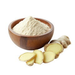 Fototapeta premium Ground ginger powder in wooden bowl with fresh ginger root and slices