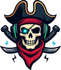 Futuristic Pirate Gamer Skull Logo with Glowing Eye and Headset – Vector Illustration