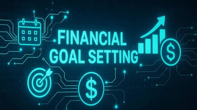Dynamic digital illustration of financial goal setting, featuring icons for budgeting, performance tracking, and money management. A modern presentation for professional use.