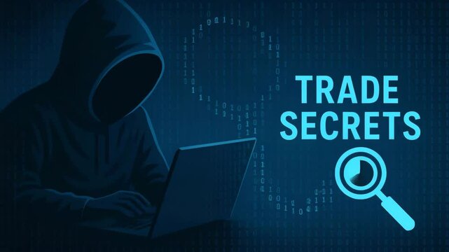 A mysterious figure in a hoodie works on a laptop against a digital background, symbolizing trade secrets and cyber security