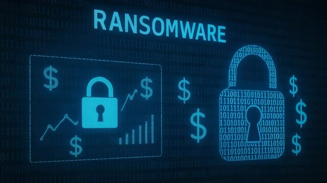 This image represents ransomware threats in the digital world. It features padlocks and dollar symbols symbolizing the financial impact of cybercrime on businesses.