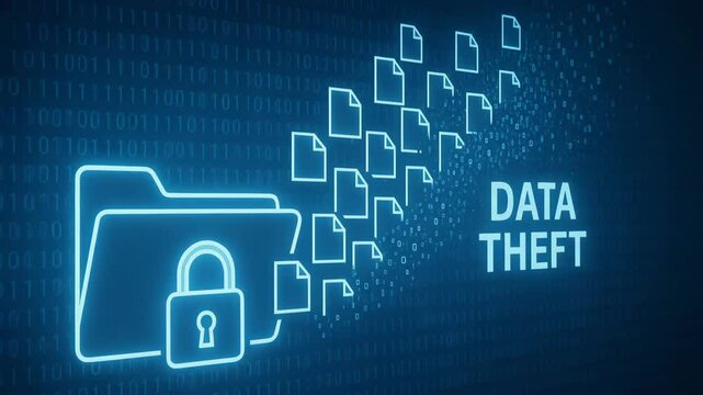 A visual representation of data theft, featuring a locked folder with files transferring in a digital context. Ideal for illustrating cybersecurity themes.