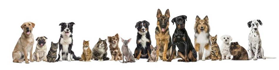 Large group of cats and dogs sitting together in a row