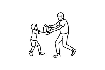 Father giving son a gift line art illustration