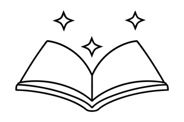 Open book with shining stars line art illustration