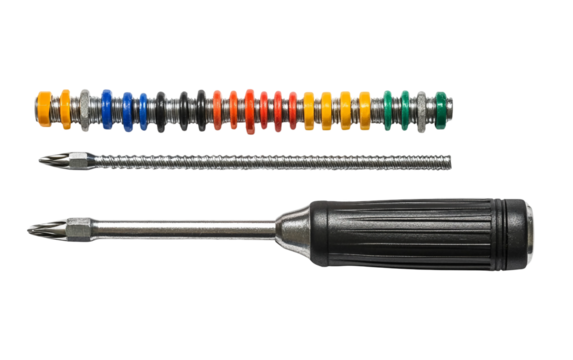 Versatile screwdriver kit featuring multiple bits and color coded ergonomic handles isolated on transparent background PNG