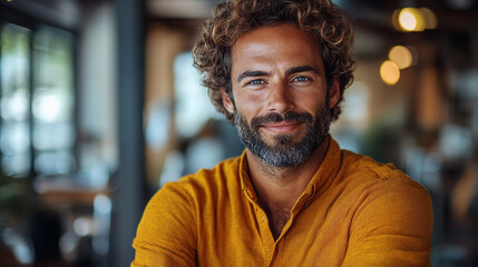 Obraz premium Smiling man in yellow shirt at cafe with blurred background