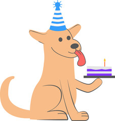 Cartoon dog is holding cake with candle and wearing striped party hat, transparent background