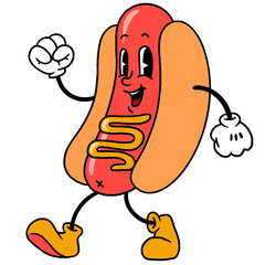 Hot dog is walking in flat-design, mustard line white gloves  and  yellow boots, transparent backgro