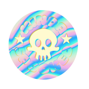 Naklejki Circular holographic badge is showing cartoon skull, stars, bubble text, transparent background