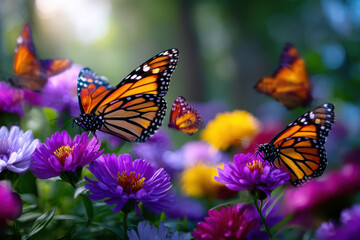 Fototapeta premium Colorful butterflies gather around blooming flowers in a vibrant garden