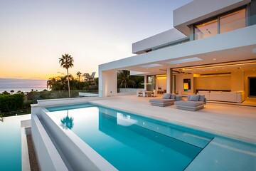 Stunning Modern Villa Pool Deck at Sunset with Ocean View