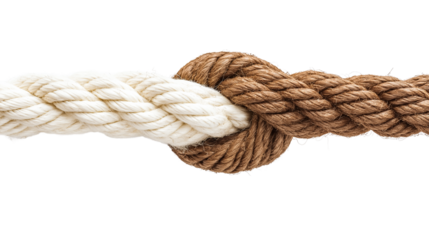 Two Ropes Tied Together with Knot – Connection Concept Isolated on Transparent Background