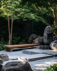 Minimalist Zen Garden with Wooden Bench, Stones and Water Feature, creating a peaceful and meditative outdoor space.