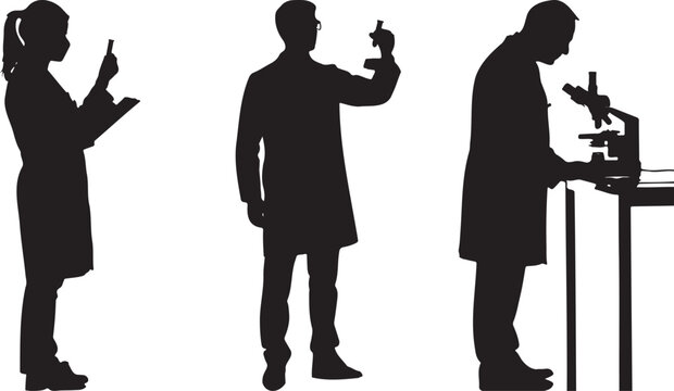 Scientists conducting research lab experiments using microscope and test tubes a silhouette study