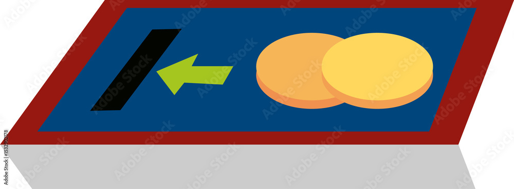 Poster flat icon showing tokens moving toward bar via green arrow on platform with transparent background