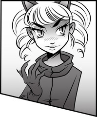 Stylized cat-like heroine is posing in mono cartoon, scarf and clawed glove on transparent backdrop