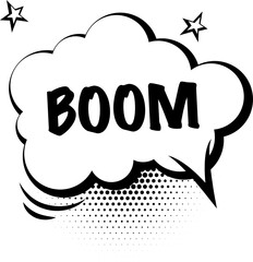 BOOM is popping in 2D speech bubble with stars, halftone dots, motion lines, transparent background