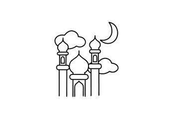 Mosque line art crescent moon night clouds islamic ramadan