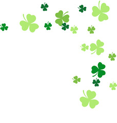 Flat clover silhouettes are scattering over transparent canvas with green heart leaves, copy space