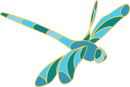 Flat design dragonfly showing segmented turquoise body and mosaic wings on transparent background