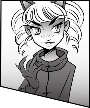 Fototapeta Stylized cat-like heroine is posing in mono cartoon, scarf and clawed glove on transparent backdrop