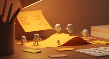 Cute blob characters exploring yellow paper on desk - learning and teamwork concept